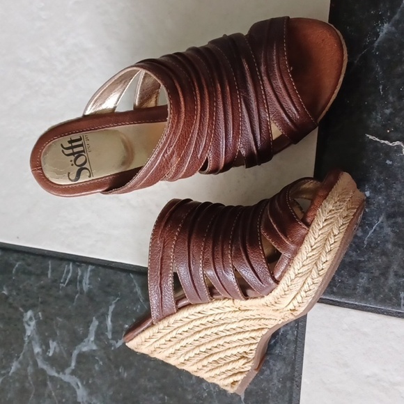 Sofft Brown Leather Wedge Platform Espadrille Sandal Heels Women's Size 6 - Picture 1 of 9